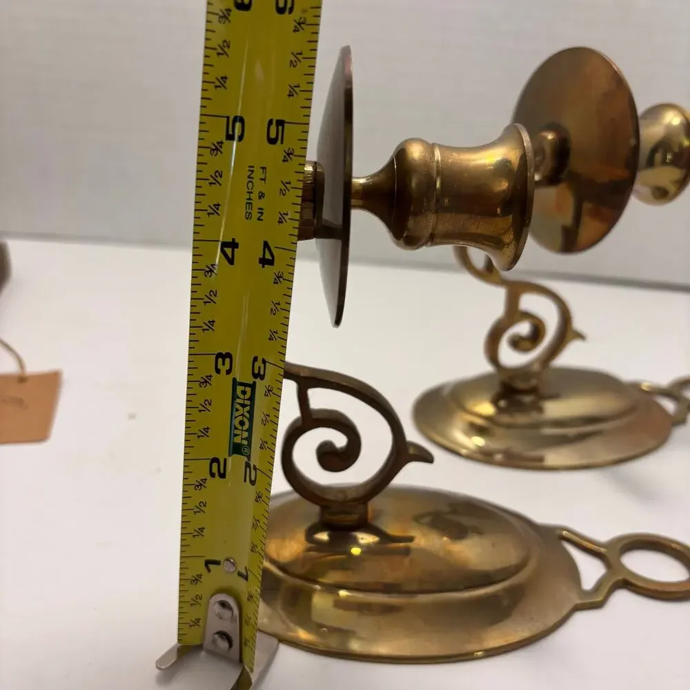 Vintage Brass Oval Backplate Candle Sconces w/ Elegant Scroll Arms Set of 2